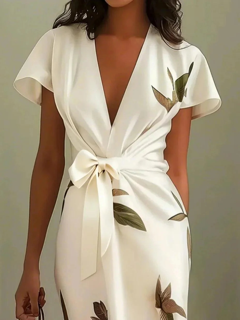 White Leaf Satin Wrap Sheath Dress