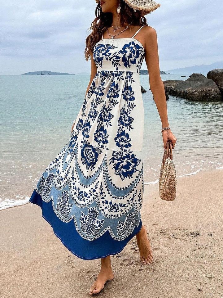Ethnic Floral Print Back Smocked Loose Dress
