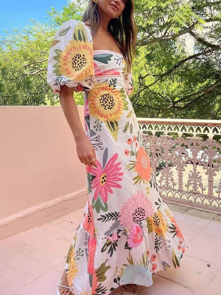 Square Neck Floral Print Bubble Dress