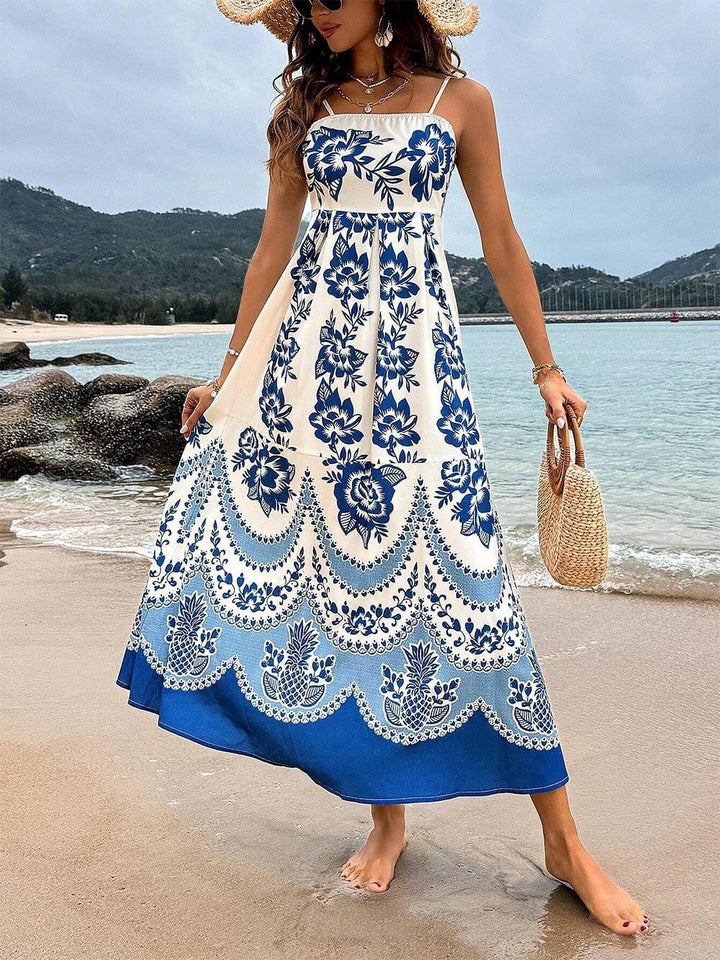 Ethnic Floral Print Back Smocked Loose Dress