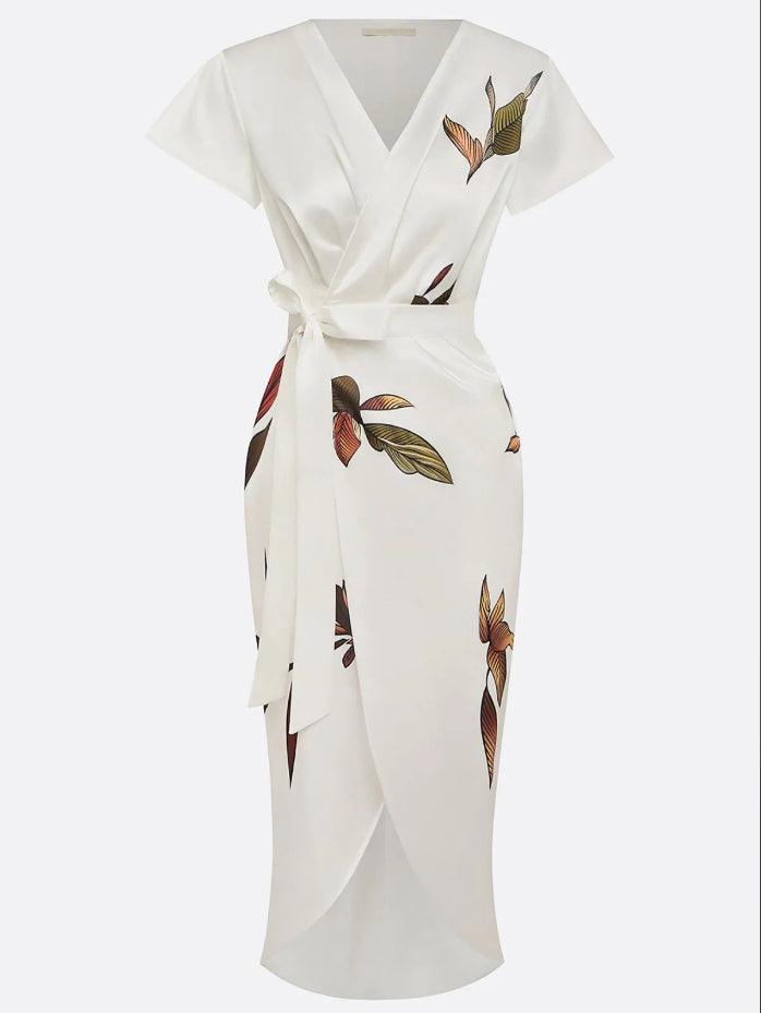 White Leaf Satin Wrap Sheath Dress