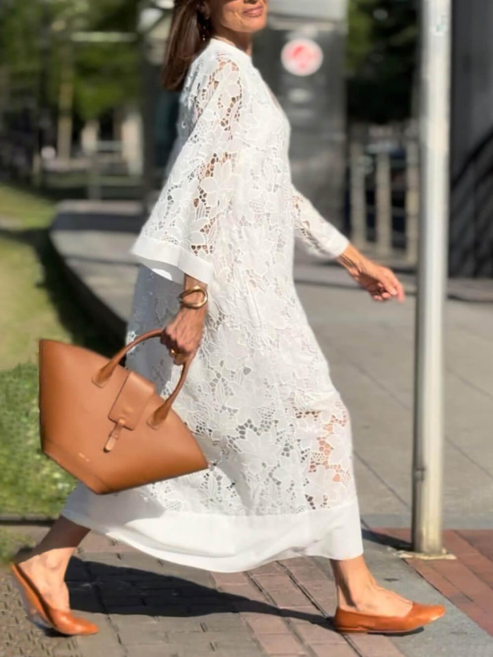 Flower Lace V-Neck Bell Sleeve Loose Dress