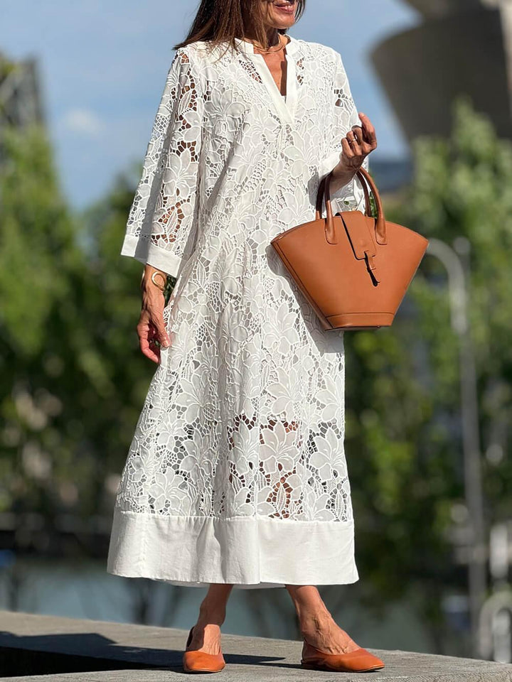 Flower Lace V-Neck Bell Sleeve Loose Dress