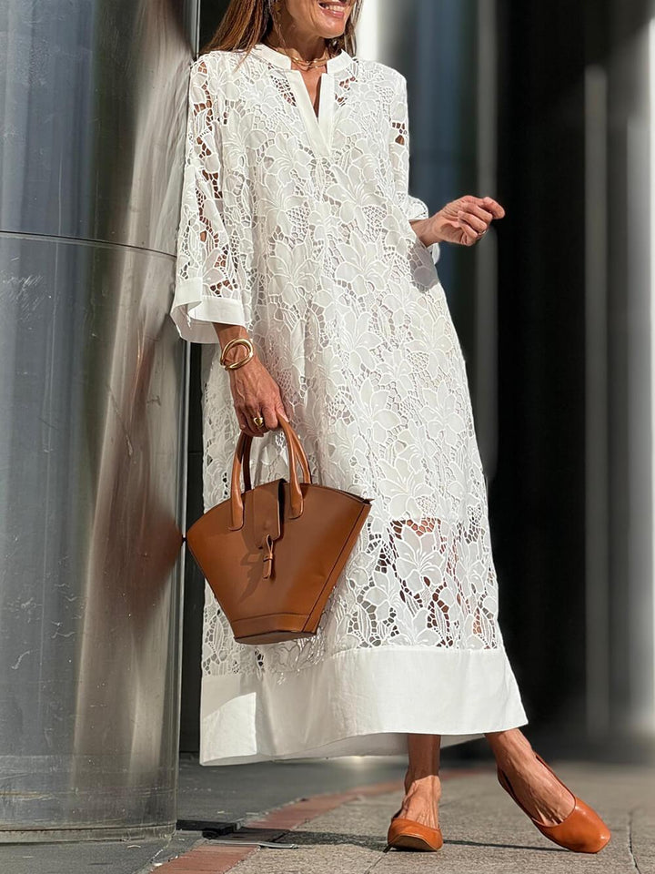 Flower Lace V-Neck Bell Sleeve Loose Dress