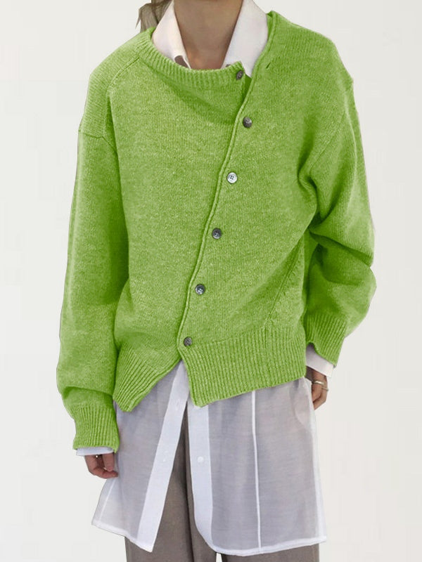 Slanted button irregular design lazy style sweater