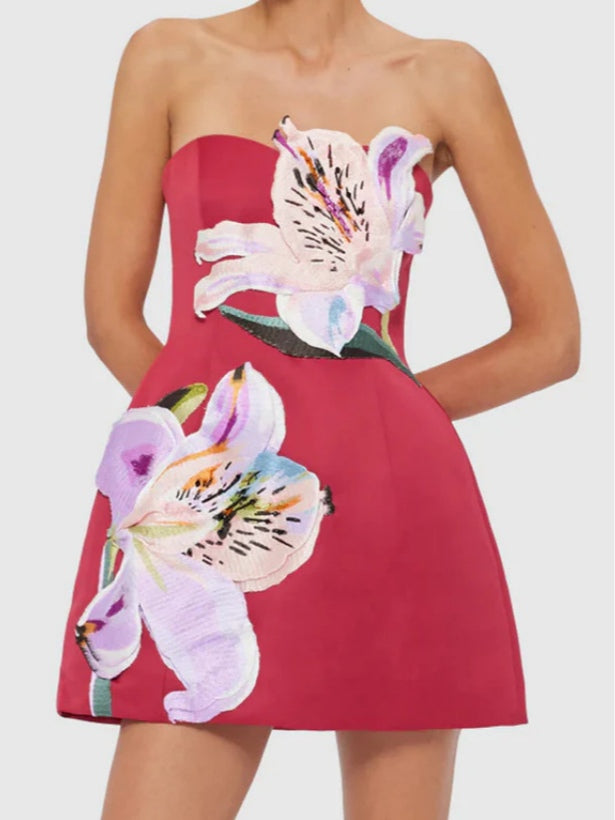 Floral embroidered tube top dress