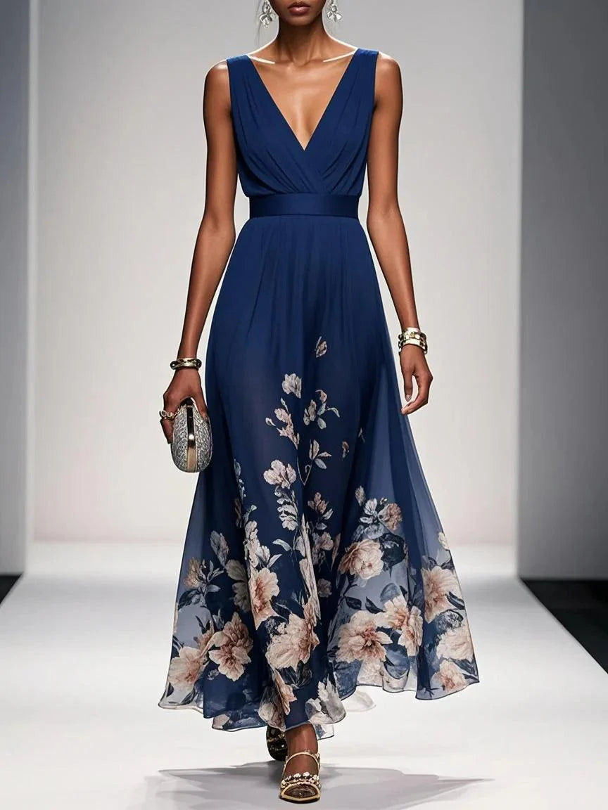 Light Blue Floral Chiffon V Neck Sleeveless Dress