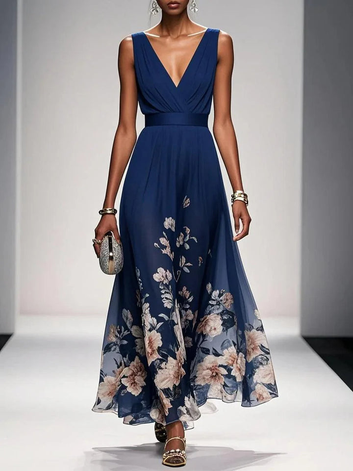 Light Blue Floral Chiffon V Neck Sleeveless Dress