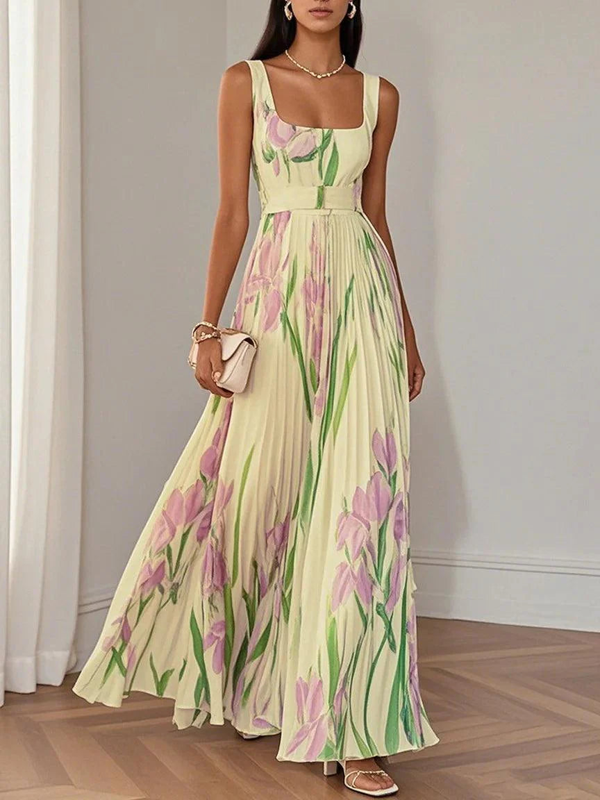 White Pleated Floral Chiffon Square Neck Sleeveless