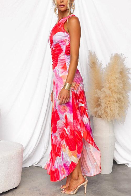 One Shoulder Sleeveless Print Asymmetric Dress