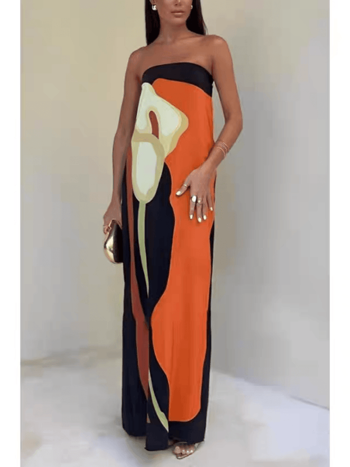 Strapless Color Block Printed Dress