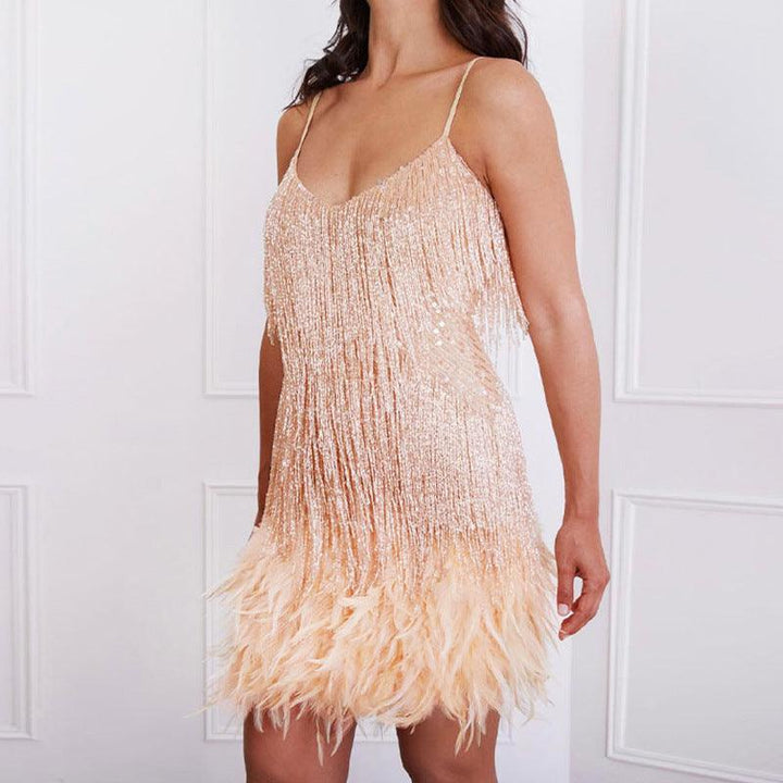Shimmery Scoop Neck Sequin Fringe Feather Slip Flapper Dress