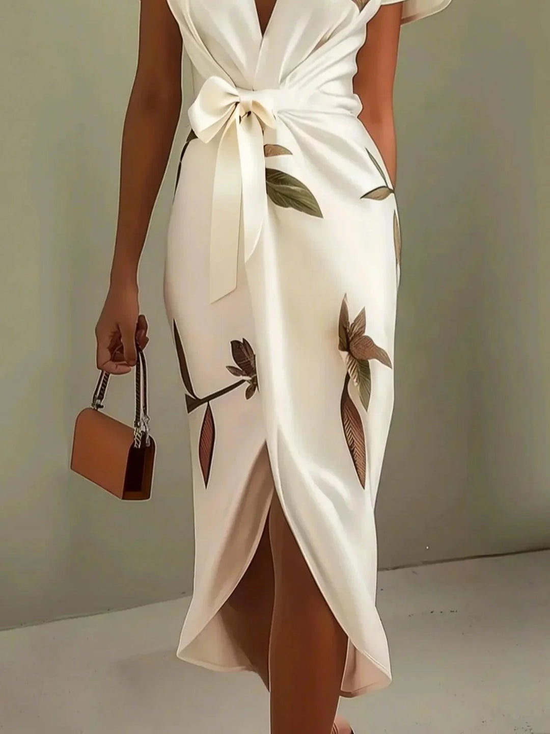 White Leaf Satin Wrap Sheath Dress