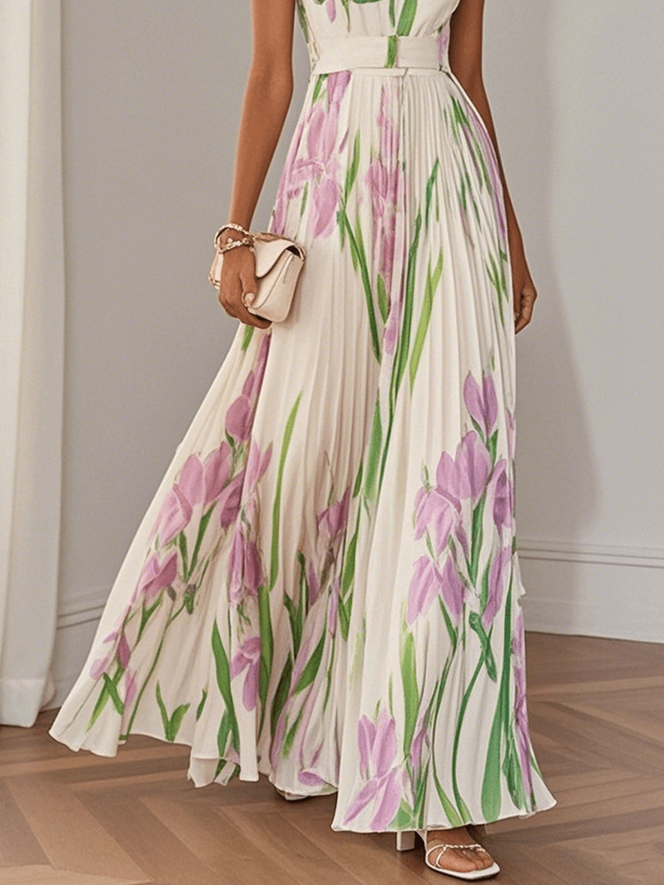 White Pleated Floral Chiffon Square Neck Sleeveless