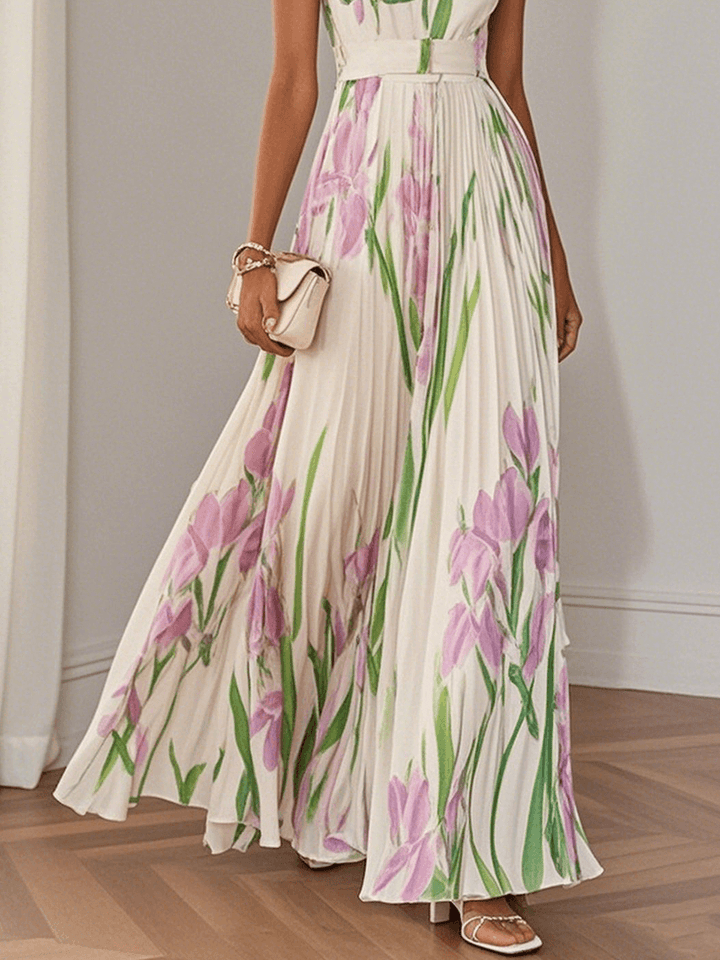 White Pleated Floral Chiffon Square Neck Sleeveless