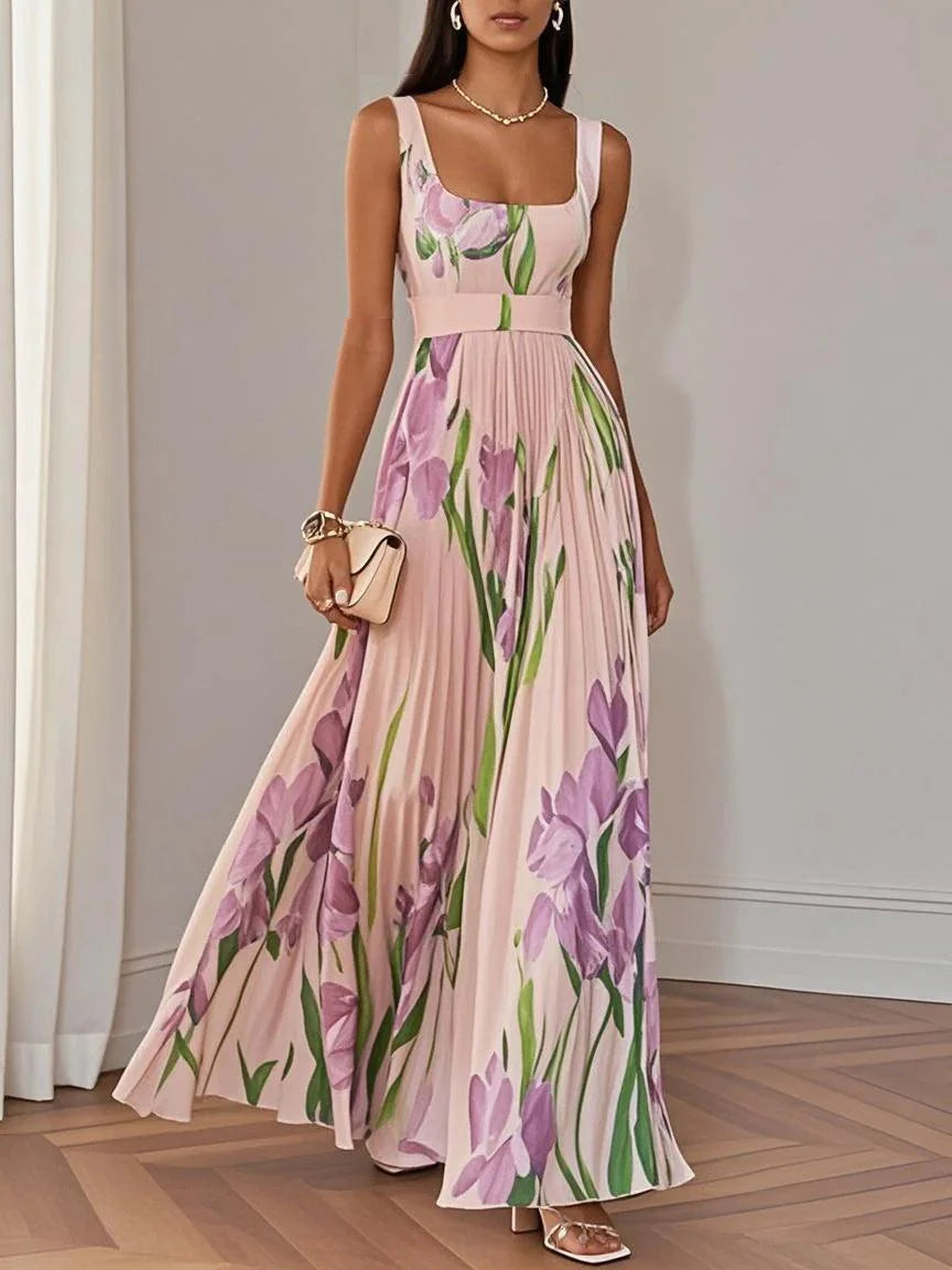 White Pleated Floral Chiffon Square Neck Sleeveless