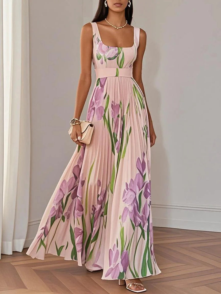 White Pleated Floral Chiffon Square Neck Sleeveless