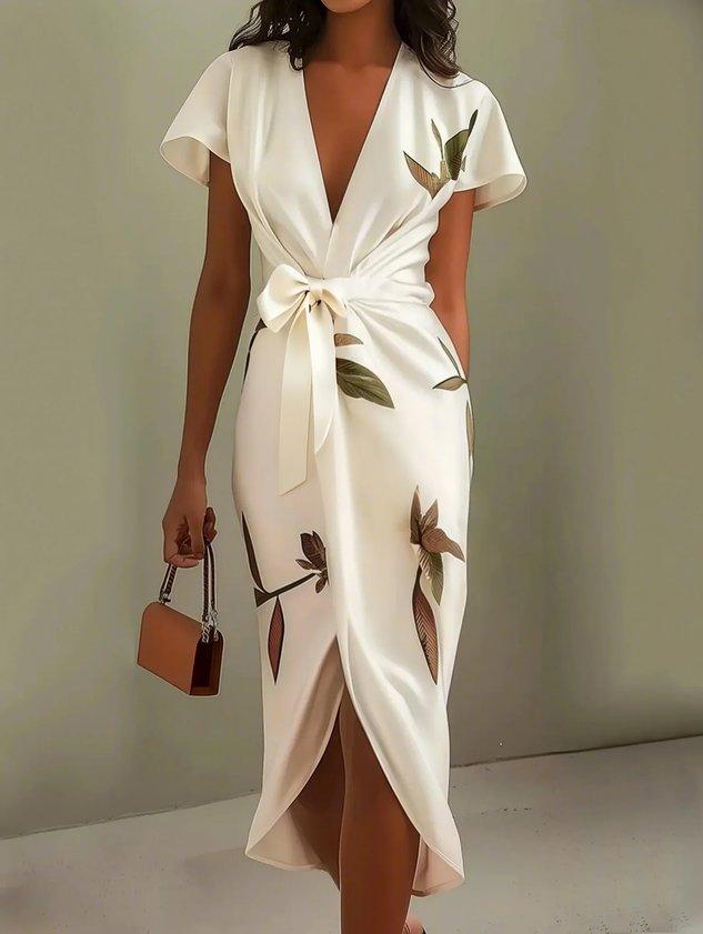 White Leaf Satin Wrap Sheath Dress