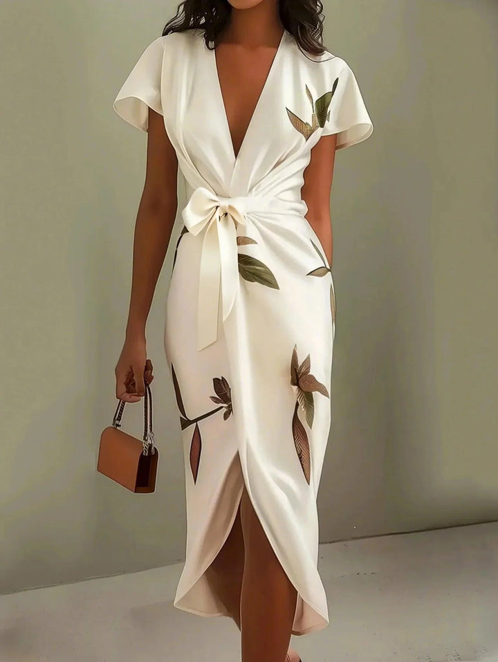 White Leaf Satin Wrap Sheath Dress
