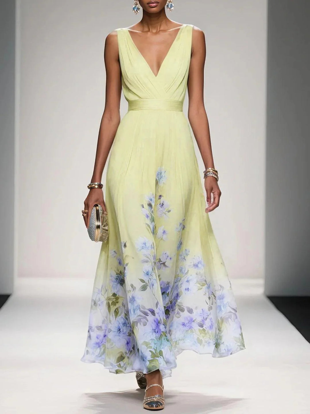 Light Blue Floral Chiffon V Neck Sleeveless Dress