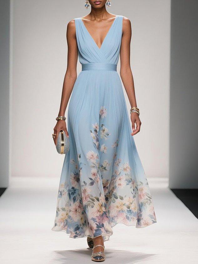 Light Blue Floral Chiffon V Neck Sleeveless Dress