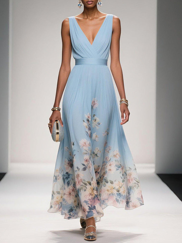 Light Blue Floral Chiffon V Neck Sleeveless Dress