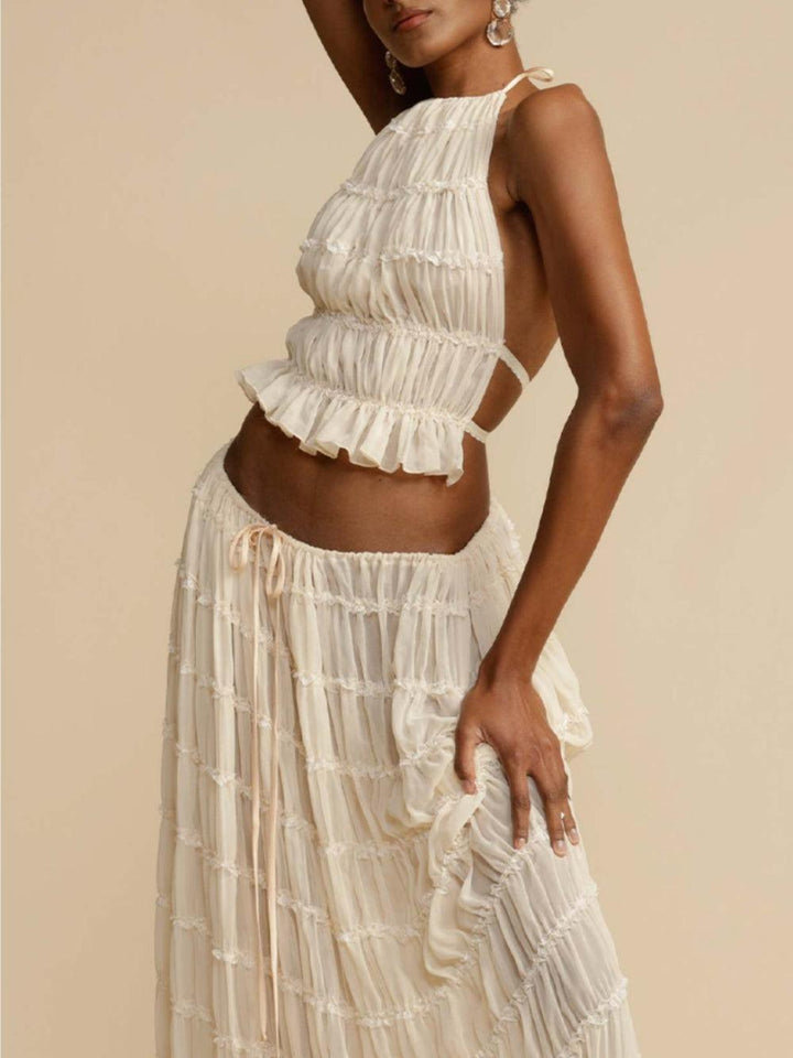 Pleated Drawstring Charm Waist Tiered Skirt Suit