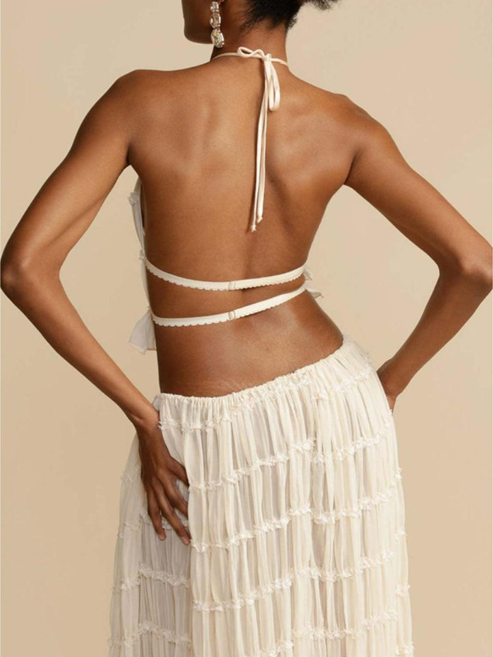 Pleated Drawstring Charm Waist Tiered Skirt Suit