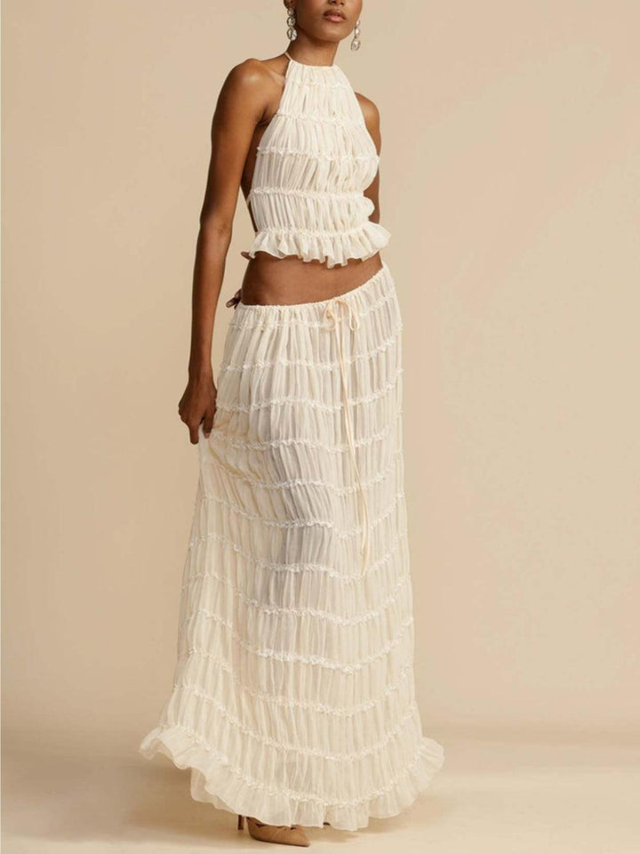 Pleated Drawstring Charm Waist Tiered Skirt Suit