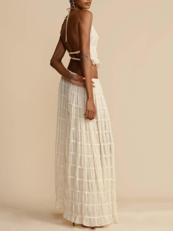 Pleated Drawstring Charm Waist Tiered Skirt Suit
