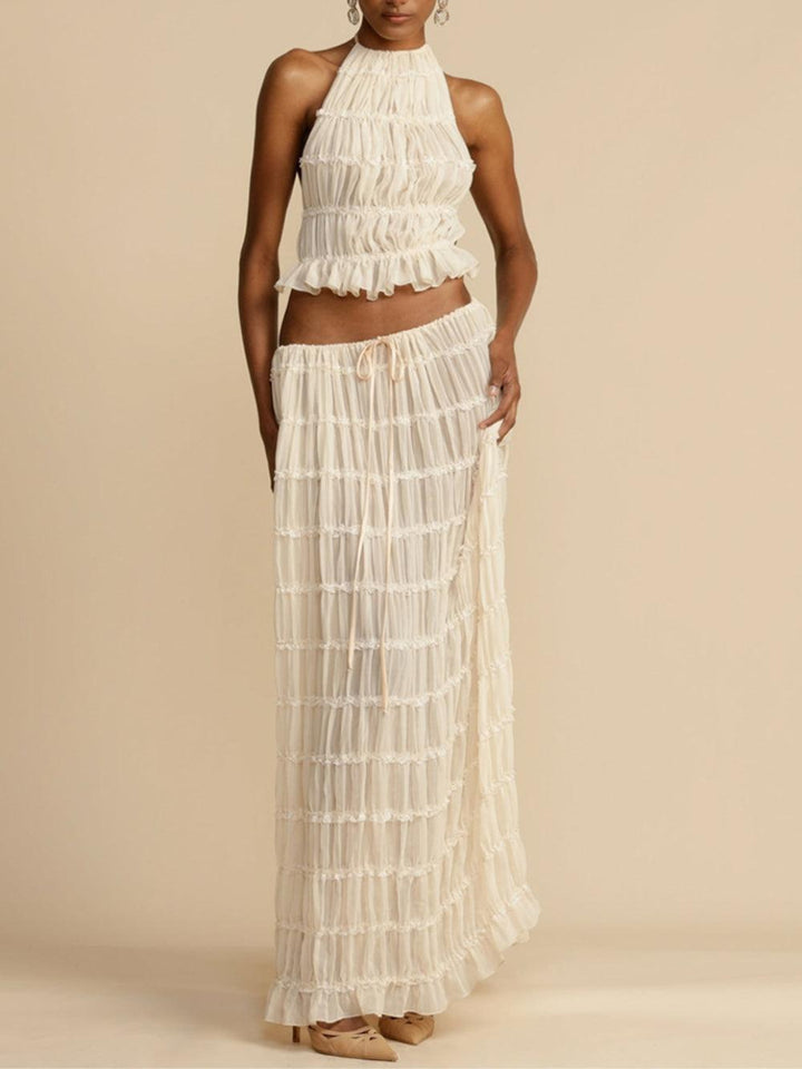 Pleated Drawstring Charm Waist Tiered Skirt Suit