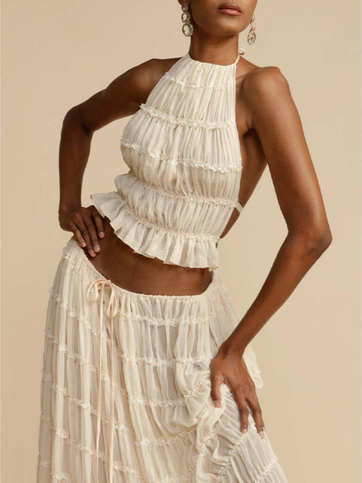 Pleated Drawstring Charm Waist Tiered Skirt Suit
