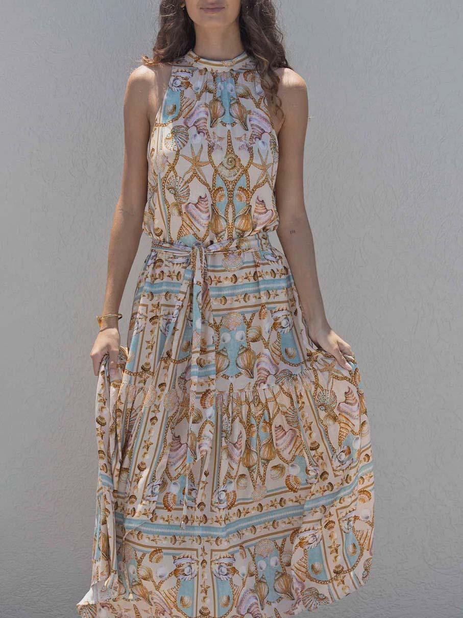 Exquisite Satin Ocean Treasure Print Dress