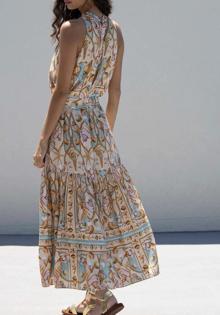 Exquisite Satin Ocean Treasure Print Dress