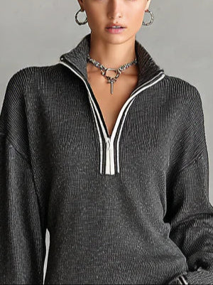 Fashion Loose Knit White Trim Zipper Polo Neck Dress