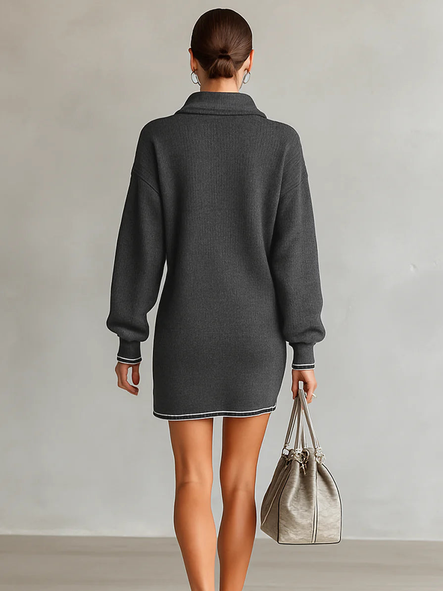 Fashion Loose Knit White Trim Zipper Polo Neck Dress