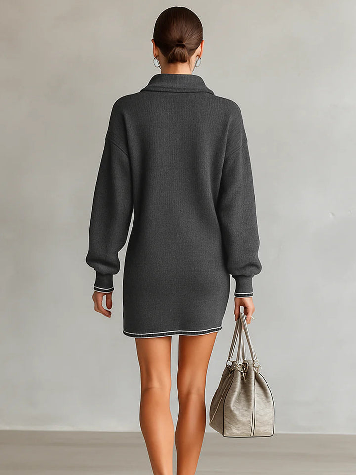 Fashion Loose Knit White Trim Zipper Polo Neck Dress