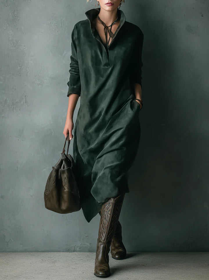 Green Loose Suede Lapel Long Sleeve Dress