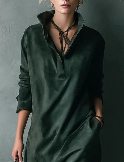 Green Loose Suede Lapel Long Sleeve Dress