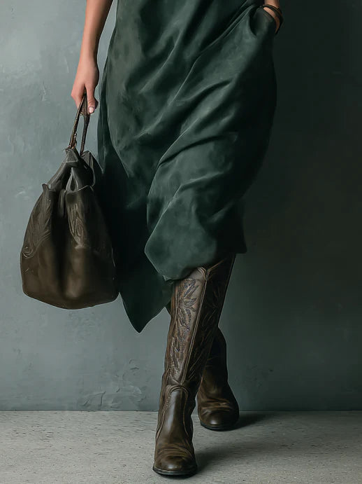 Green Loose Suede Lapel Long Sleeve Dress