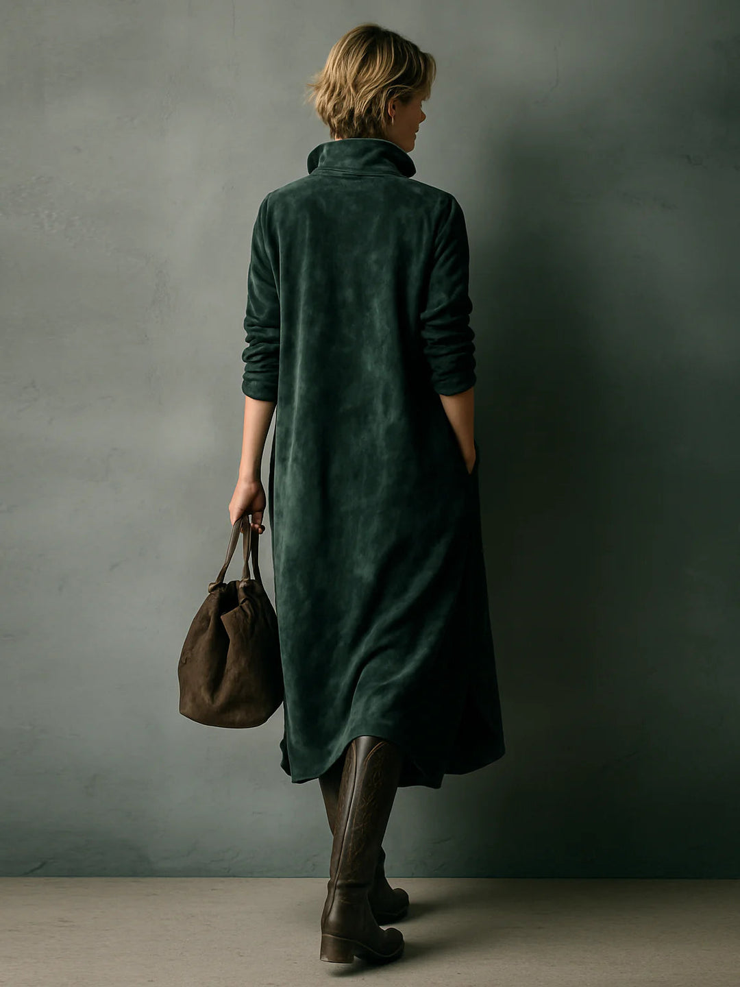 Green Loose Suede Lapel Long Sleeve Dress