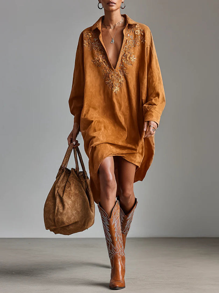 Loose lapel V-neck printed long-sleeved dress