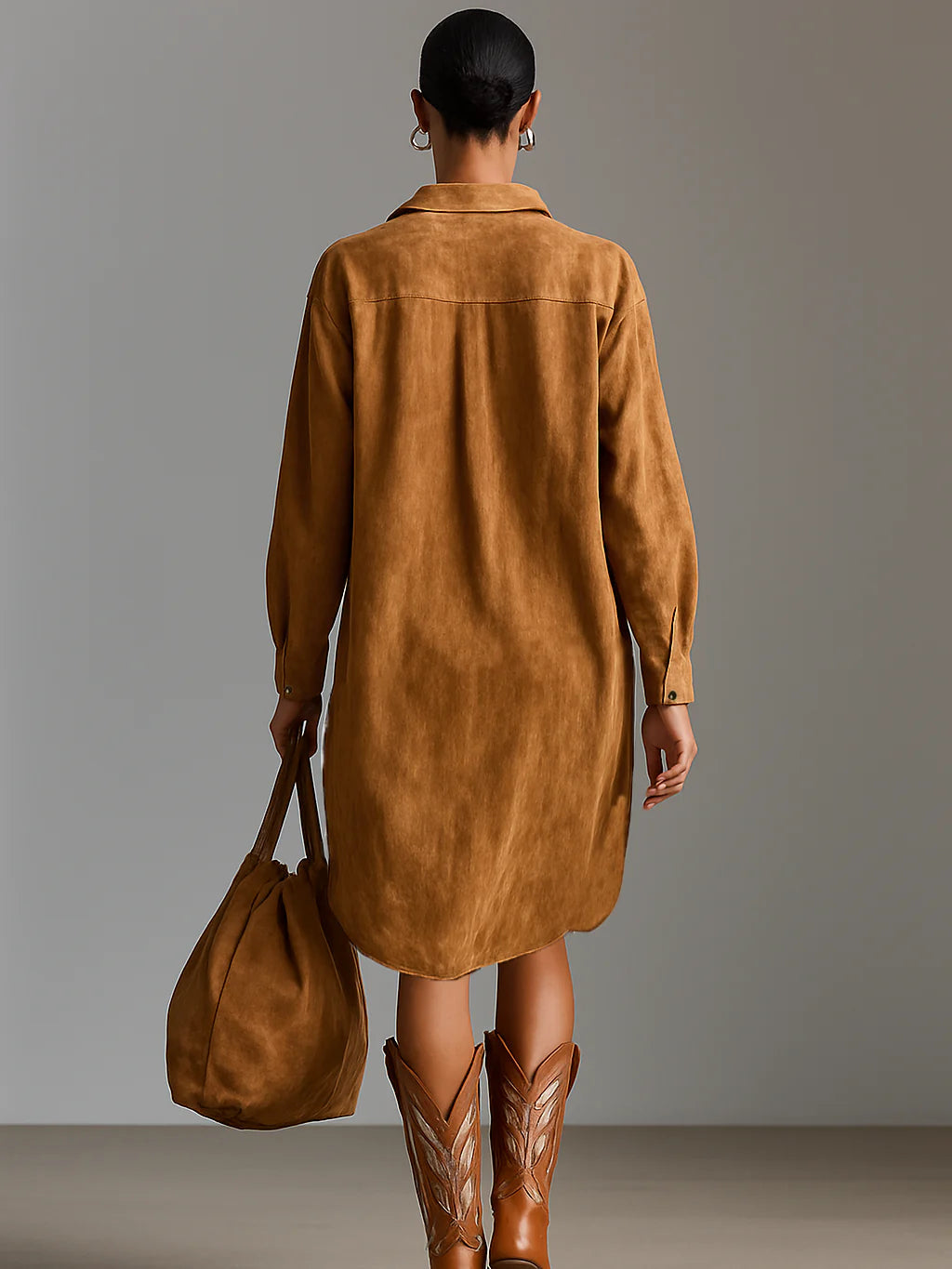 Loose lapel V-neck printed long-sleeved dress
