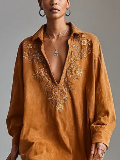 Loose lapel V-neck printed long-sleeved dress