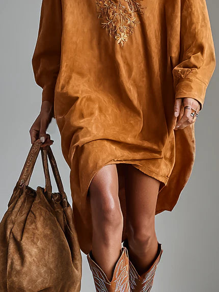 Loose lapel V-neck printed long-sleeved dress