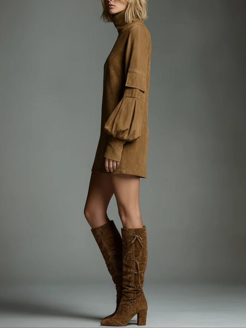Vintage Loose Suede Turtleneck Dress