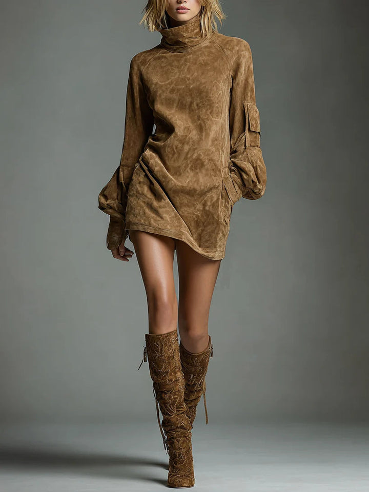 Vintage Loose Suede Turtleneck Dress
