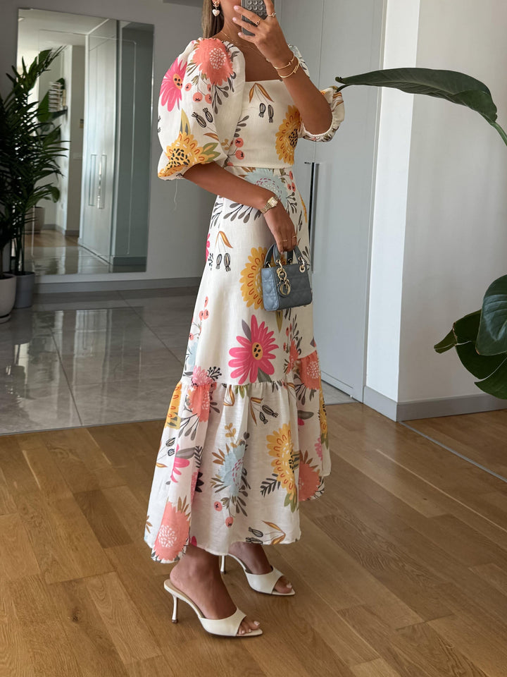 Square Neck Floral Print Puff Sleeve Dress