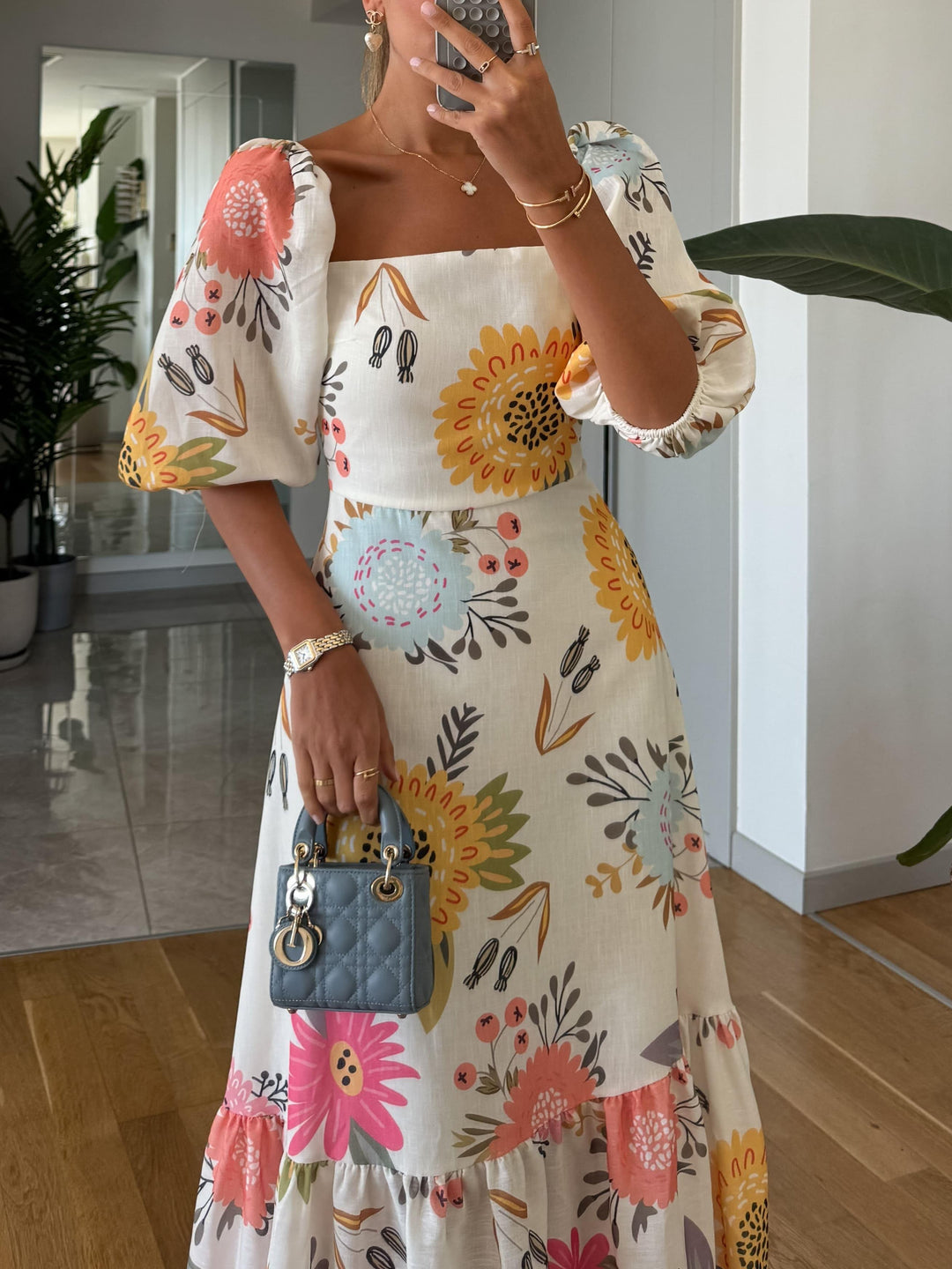 Square Neck Floral Print Puff Sleeve Dress