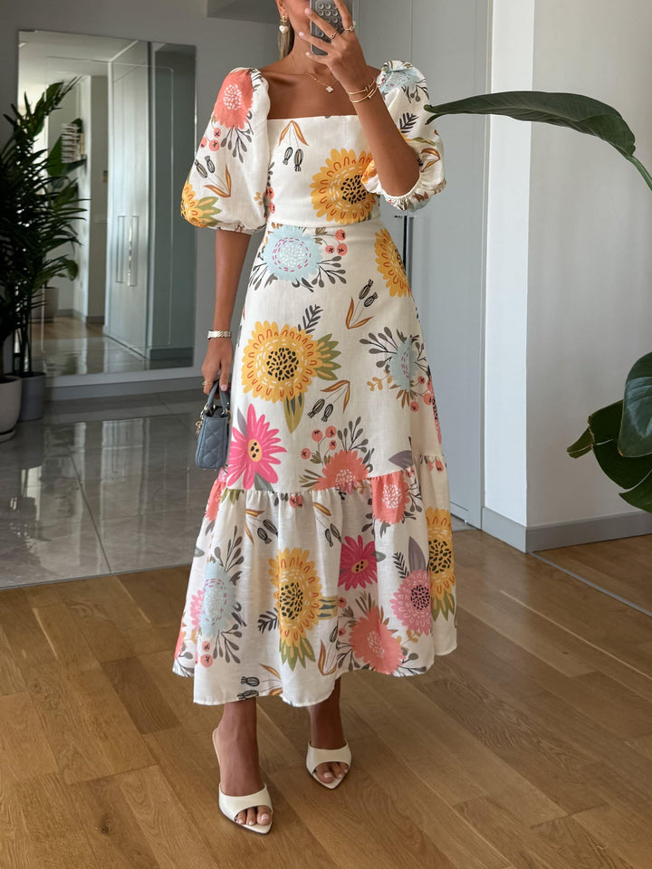 Square Neck Floral Print Puff Sleeve Dress